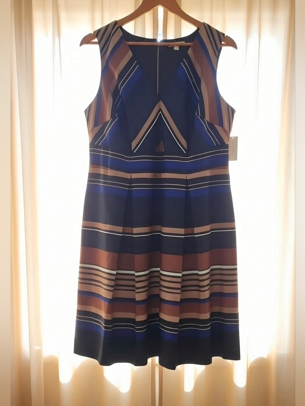 Sleeveless Striped Blue and Brown Fit & Flare Dress Size 16
